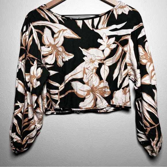 Rachel Zoe Tops - Rachel Zoe Women Linen Crop Top Small Green Floral Boho Puff Sleeve Resort‎